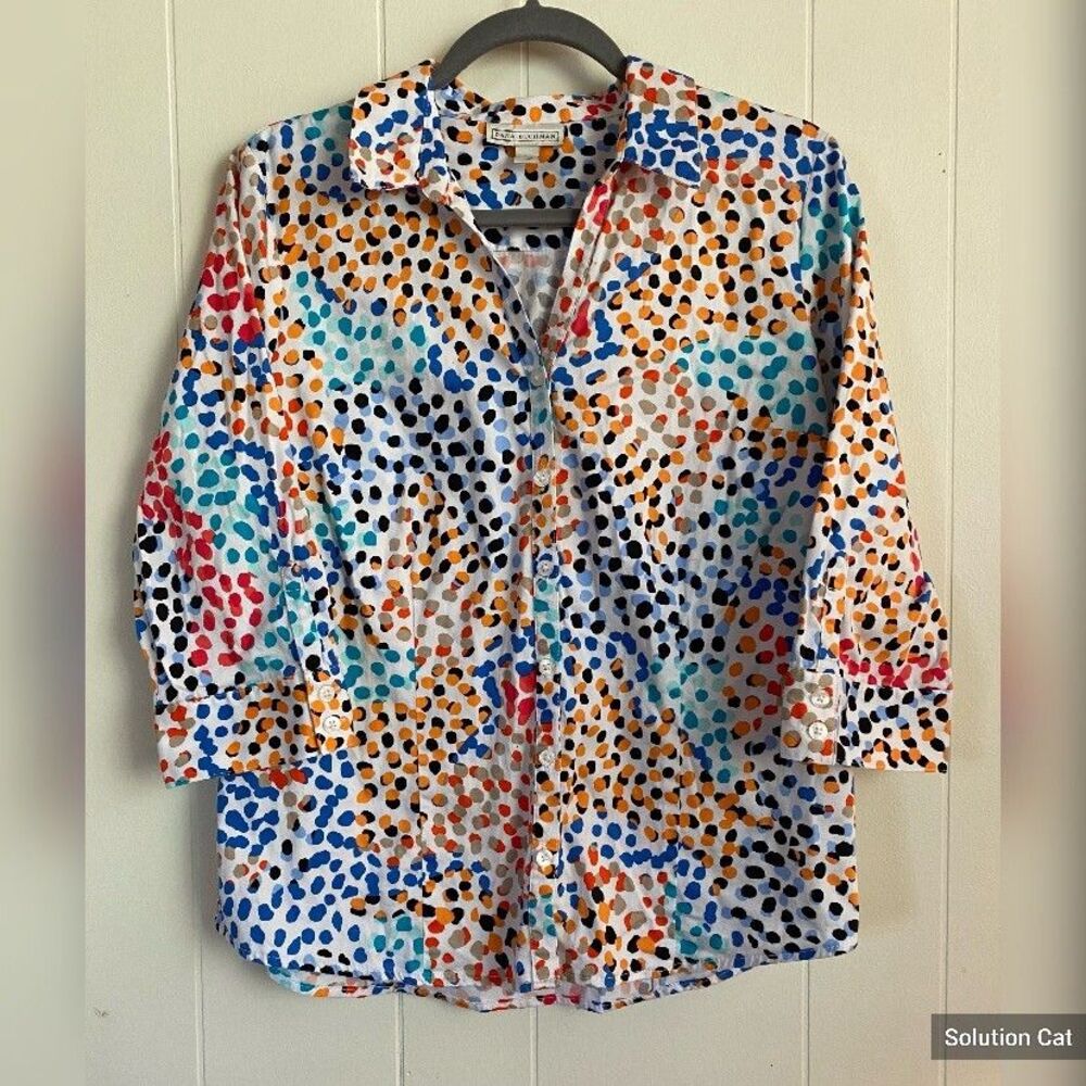 Dana Buchman Blouse Women's Large Multicolored Abstract Polka Dot Cotton Fiesta
